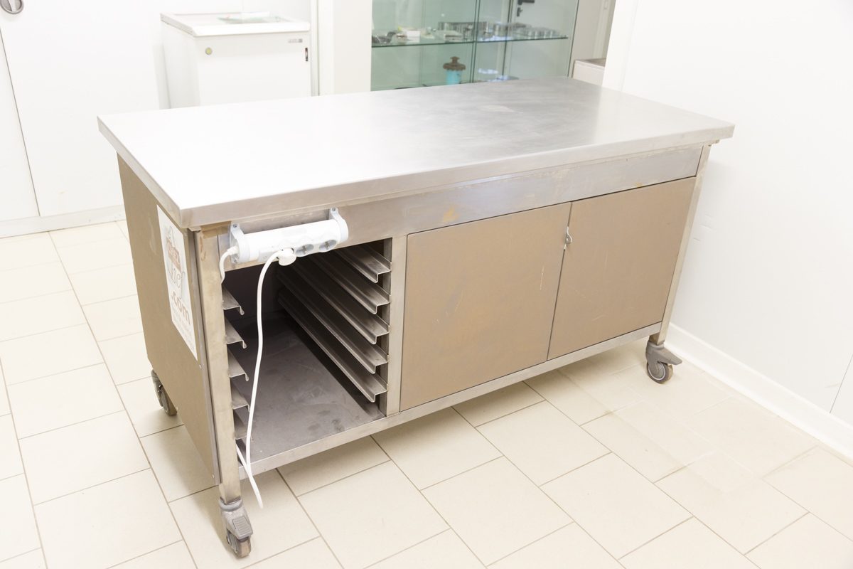 Plan de travail inox sur roulettes avec placard